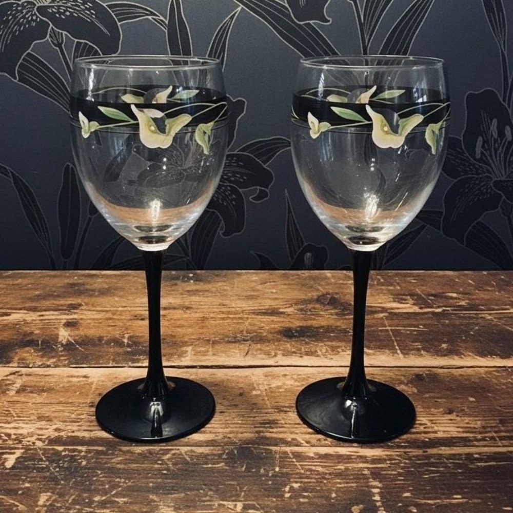 Sango Black Lilies Wine Glasses, Set of 2, Vintage Floral Stemware, Drinkware